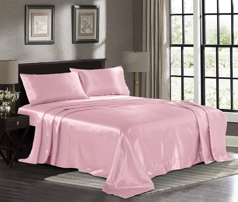 Pure Bedding Satin Sheets Full [4-Piece, Pink] Hotel Luxury Silky Bed Sheets - Extra Soft 1800 Microfiber Sheet Set, Wrinkle, Fade, Deep Pocket Fitted Sheet, Flat Sheet, Pillow Cases - Image 1